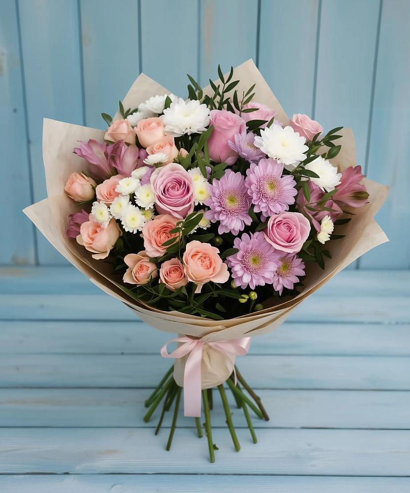 Букет цветов из: Хризантемы, Розы и Альстромерии в Батецком