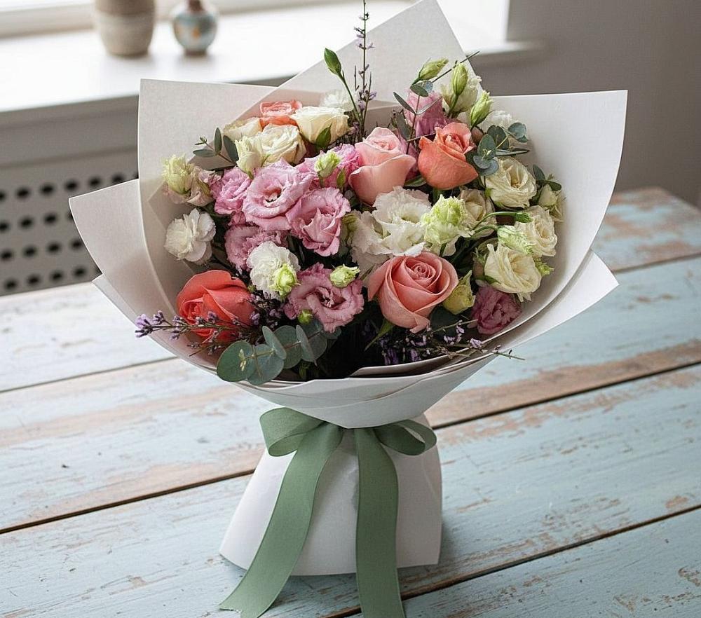 Букет цветов из: Розы, Лизиантусы и Гвоздики в Батецком