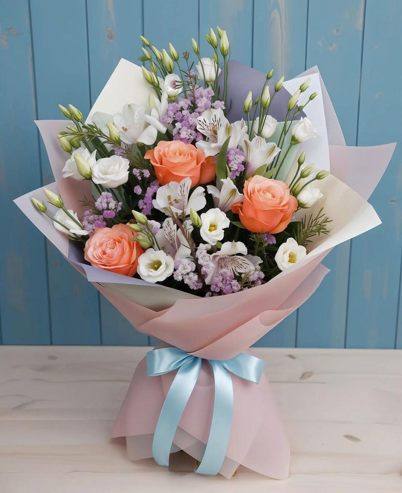 Букет цветов из: Лизиантусы, Розы, Альстромерии и Гипсофила в Батецком