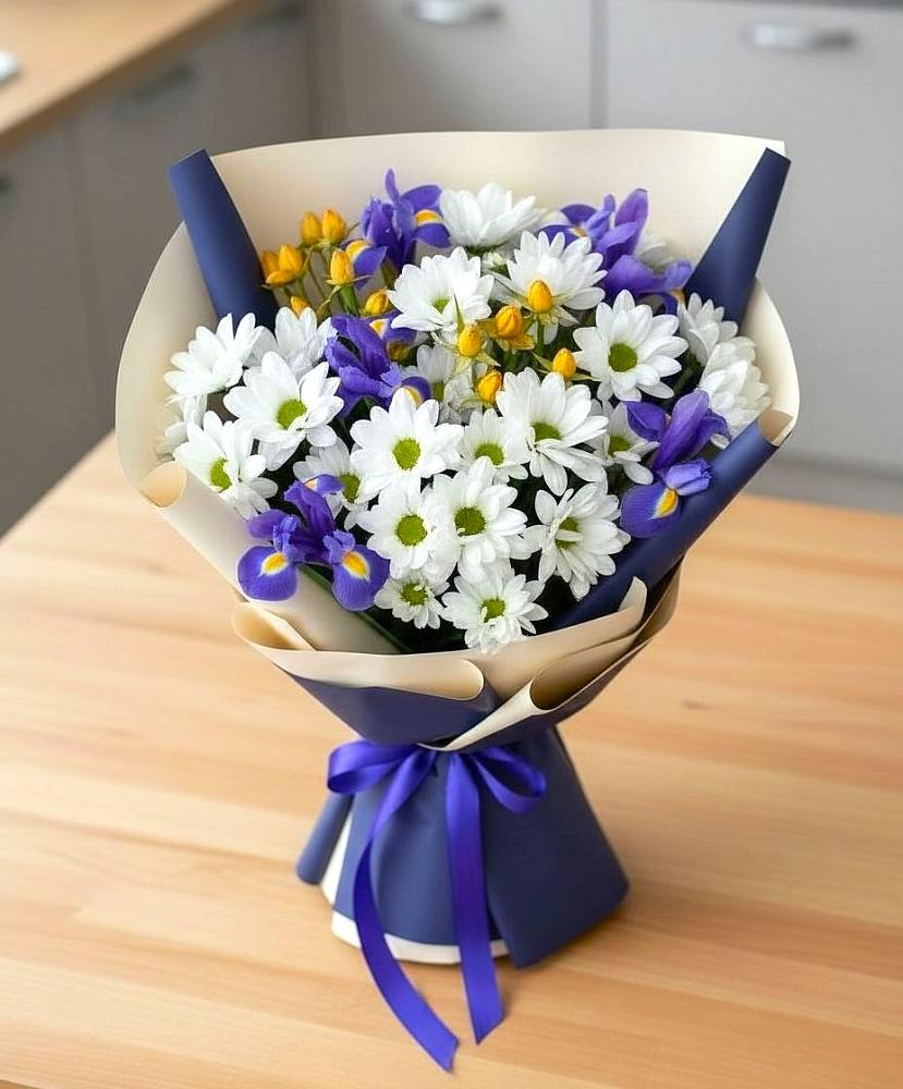 Букет цветов из: Розы, Ирисы и Хризантемы в Батецком