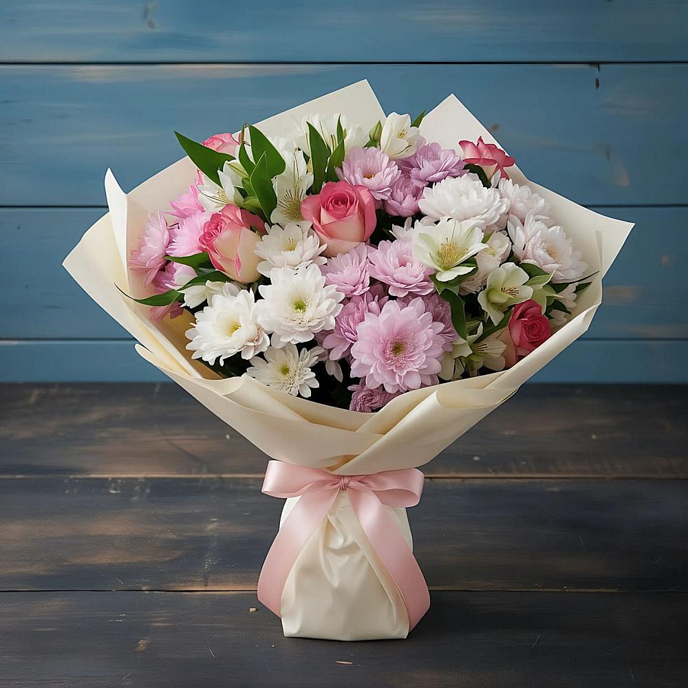 Букет цветов из: Хризантемы, Альстромерии и Розы в Батецком